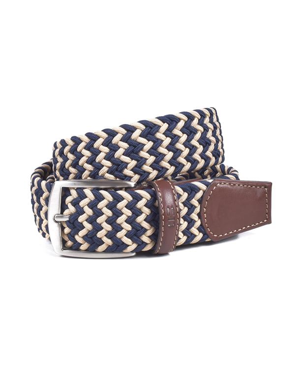 Navy Beige woven belt with a silver buckle and brown leather strap on a white background