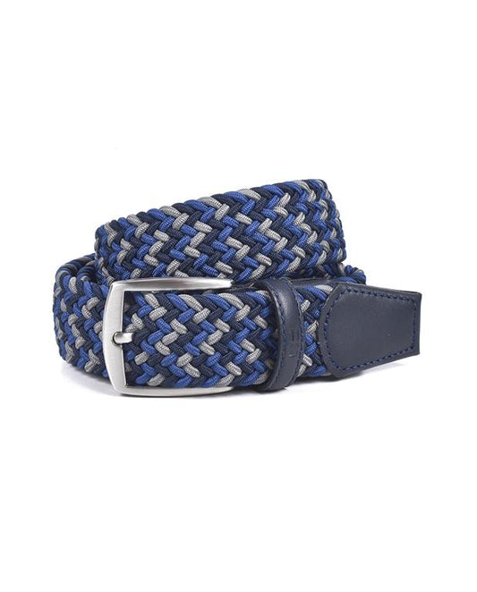 Blue and gray braided belt with a silver buckle on a white background