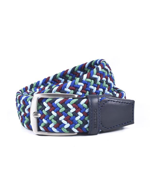 Multicolored braided belt with a silver buckle on a white background