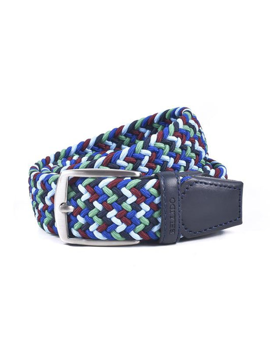 Multicolored braided belt with a silver buckle on a white background