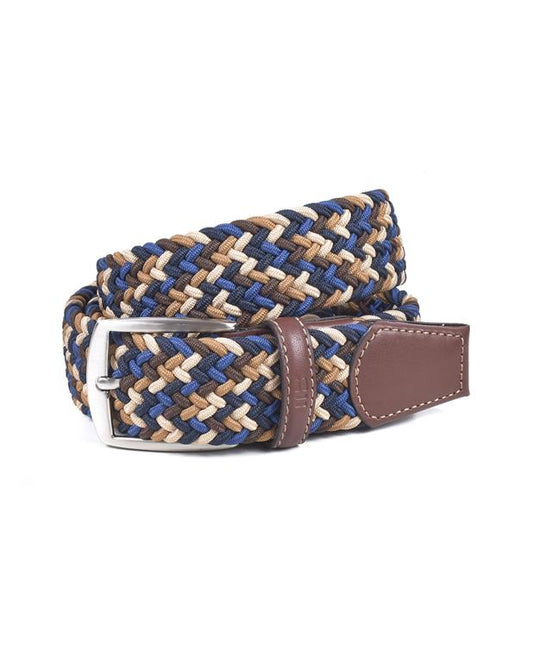 Woven belt with brown and blue pattern on a white background
