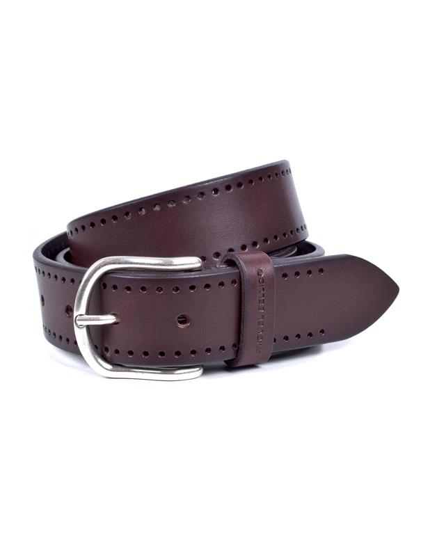 Brown leather belt with silver buckle on a white background