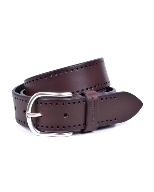 Brown leather belt with silver buckle on a white background