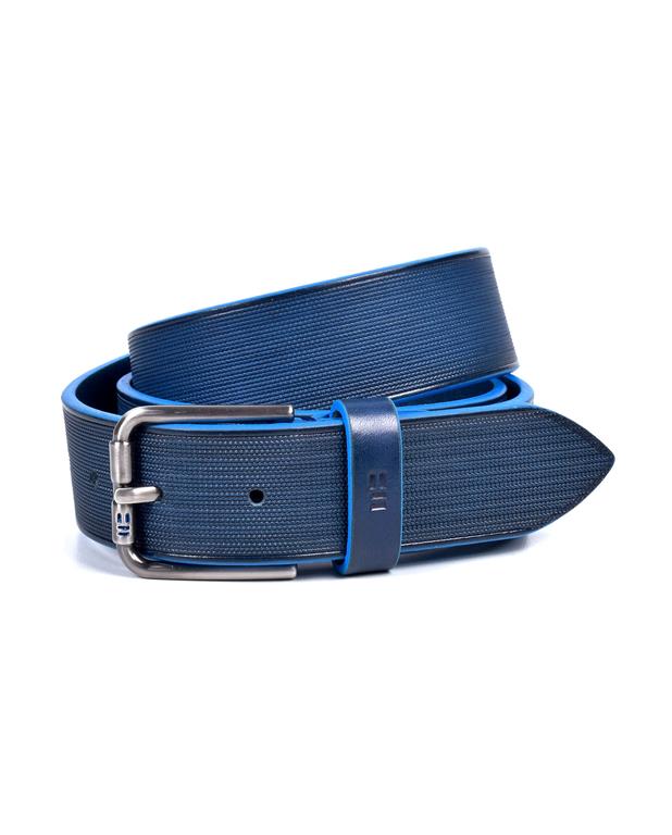Blue belt with silver buckle on a white background