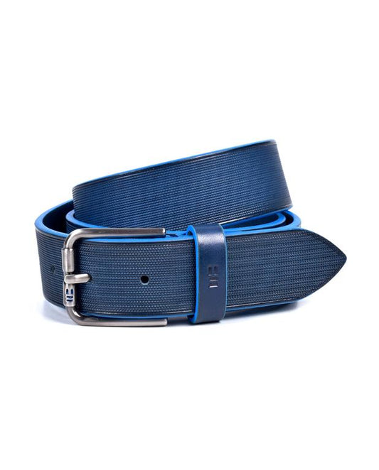 Blue belt with silver buckle on a white background
