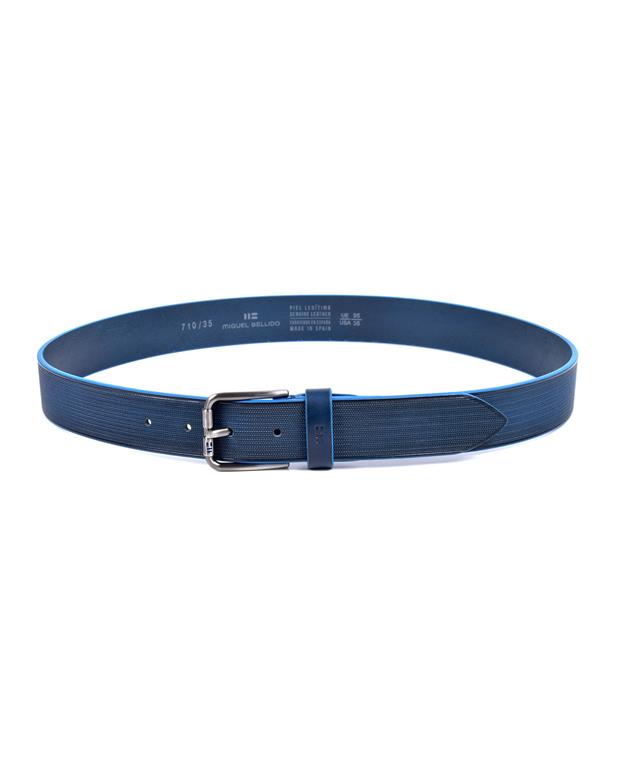 Blue belt with a silver buckle on a white background
