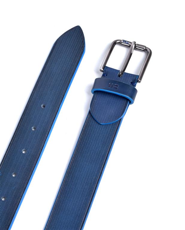 Blue belt with a silver buckle on a white background