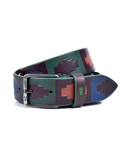 Patterned belt with a silver buckle on a white background