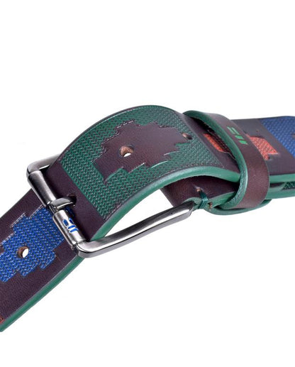brown multi belt with colorful pattern on a white background