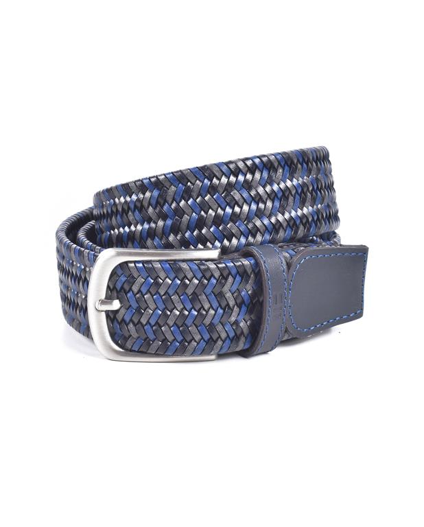 Blue woven belt with a silver buckle on a white background