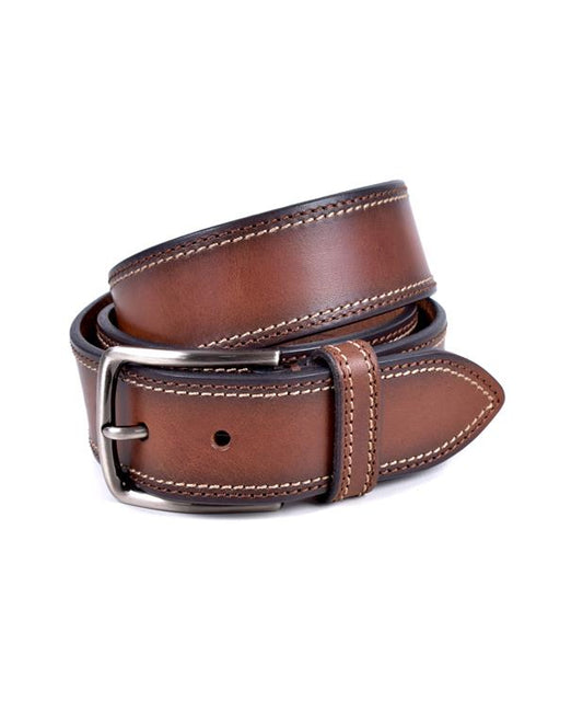 Brown leather belt with silver buckle on a white background