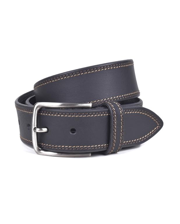 Black leather belt with a silver buckle on a white background