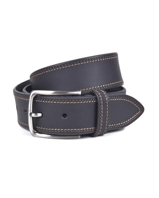 Black leather belt with a silver buckle on a white background