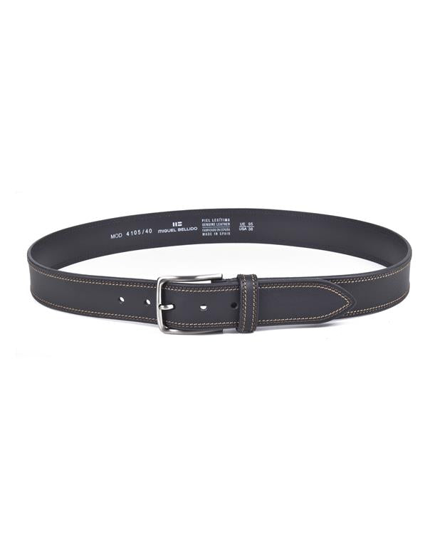 Black leather belt with a buckle on a white background