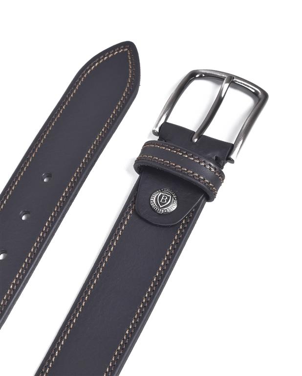 Black leather belt with silver buckle on a white background
