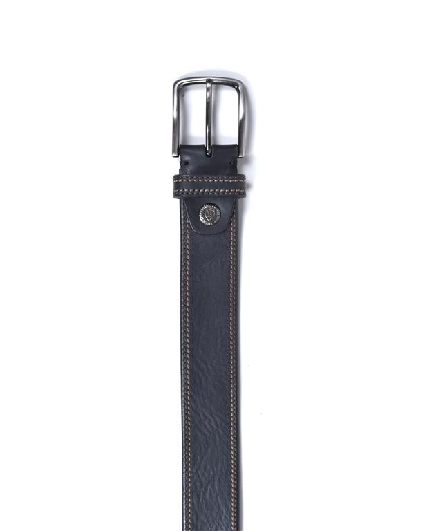 Black leather belt with silver buckle on a white background