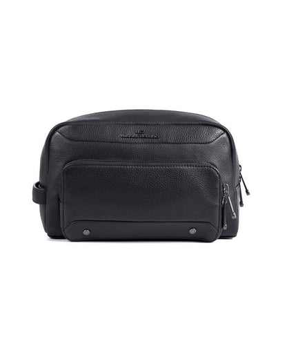 Black leather toiletry bag with zippers on a white background