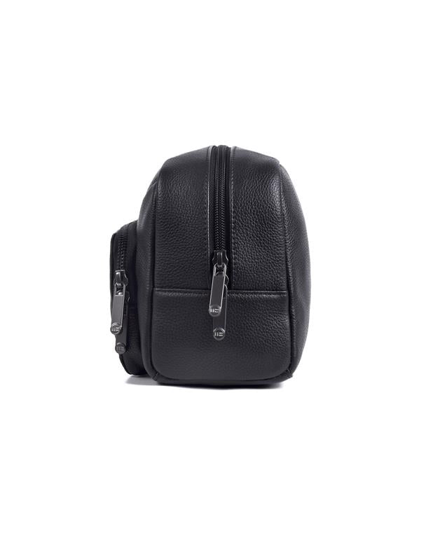 Black leather backpack with zippers on a white background