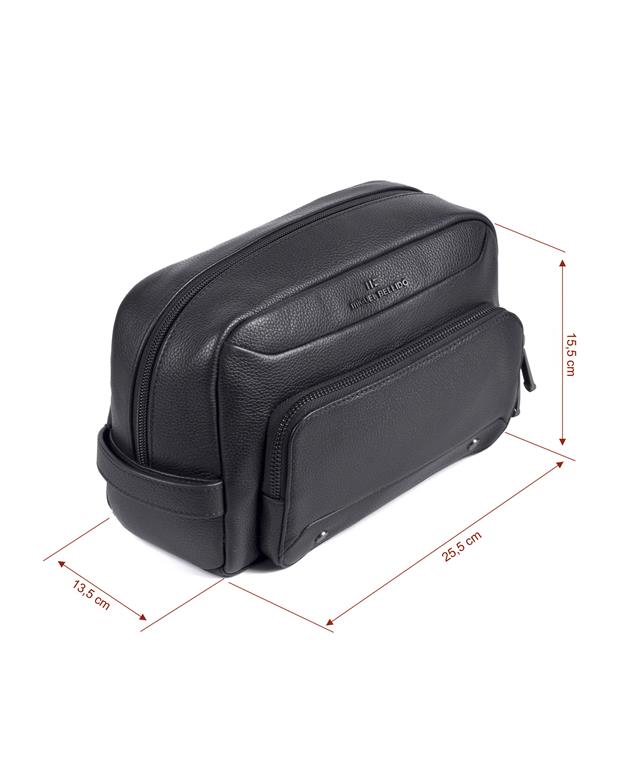 Black leather toiletry bag with dimensions on a white background