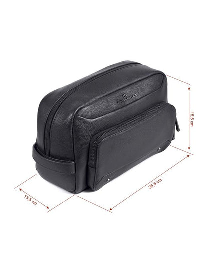 Black leather toiletry bag with dimensions on a white background