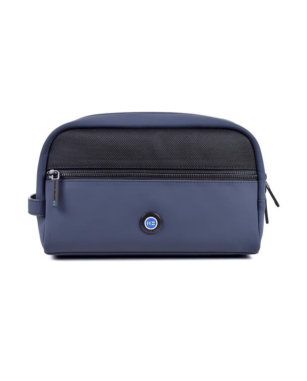 Blue toiletry bag with a visible brand logo on a white background