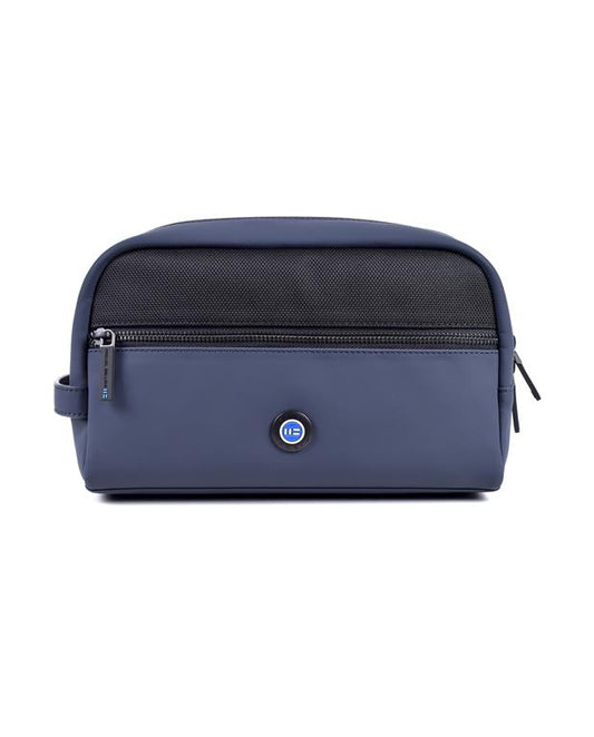 Blue toiletry bag with a visible brand logo on a white background