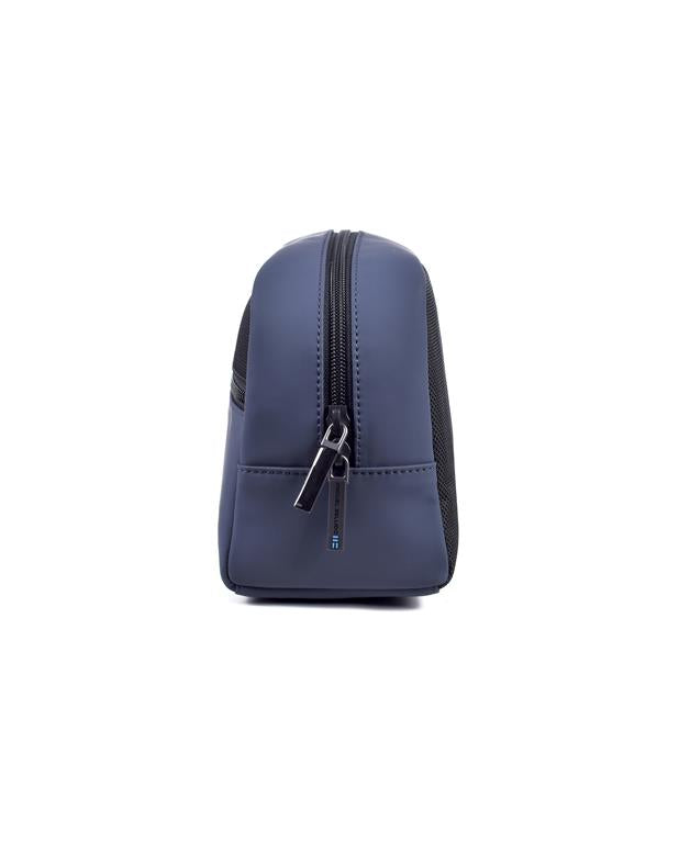 side image blue toiletry bag with a zipper on a white background