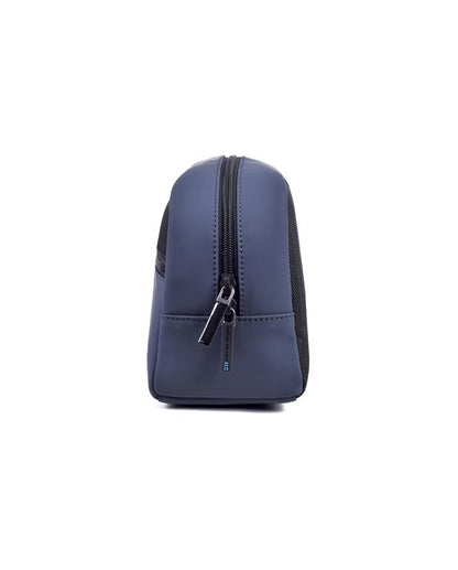 side image blue toiletry bag with a zipper on a white background