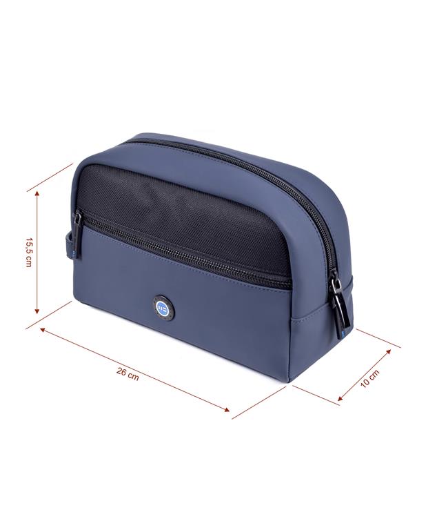 Blue toiletry bag with dimensions indicated on a white background