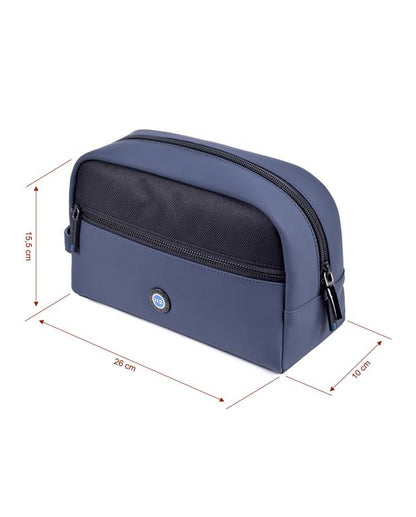 Blue toiletry bag with dimensions indicated on a white background