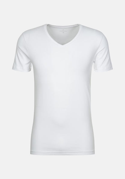 White V-neck t-shirt on a light gray background