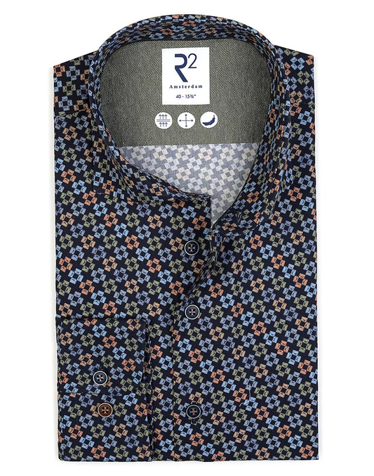 R2 Amsterdam Navy Cotton Print Shirt