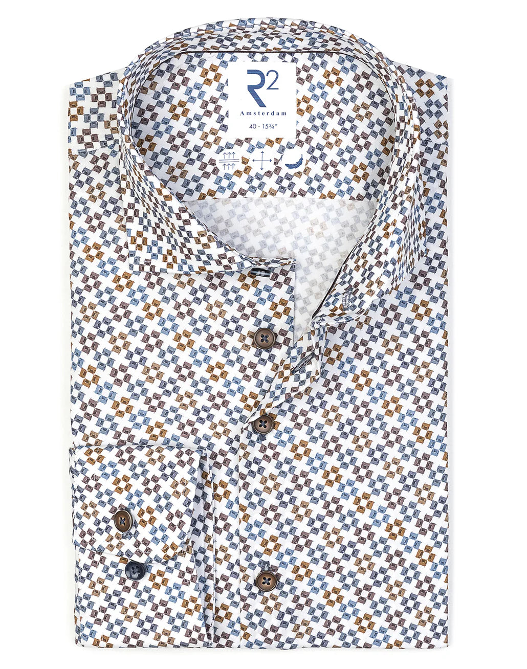 R2 Amsterdam White Cotton Stretch Print Shirt