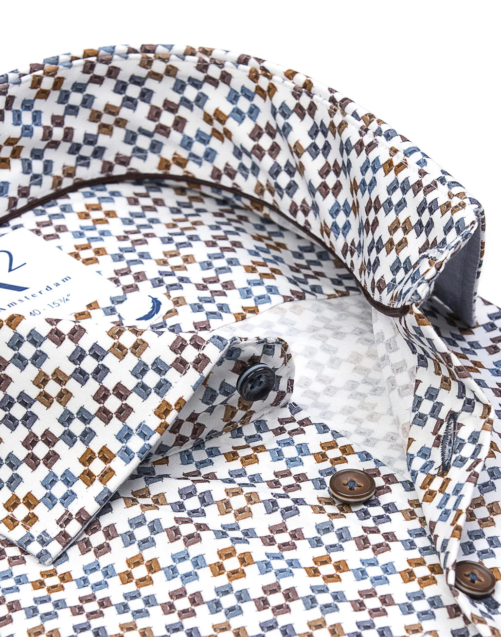 R2 Amsterdam White Cotton Stretch Print Shirt