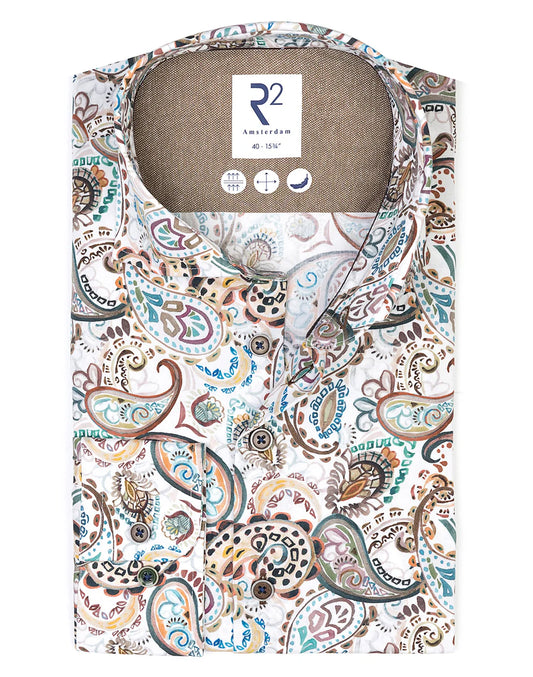 R2 Amsterdam White Cotton Stretch Paisley Print Shirt