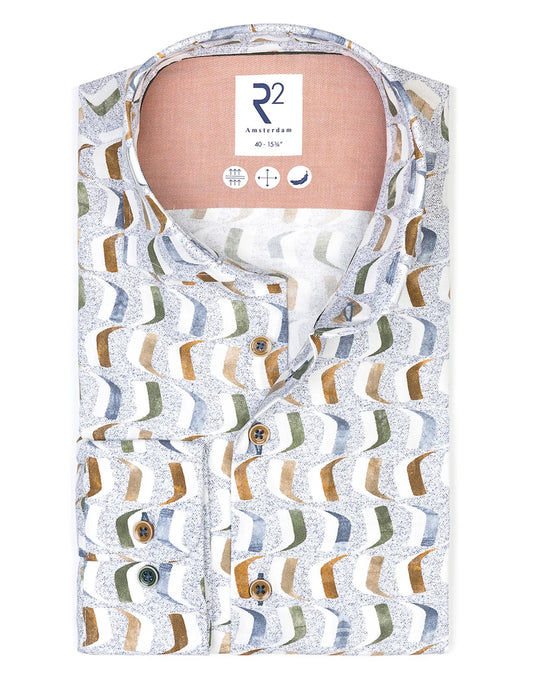R2 Amsterdam White Cotton Stretch Print Shirt