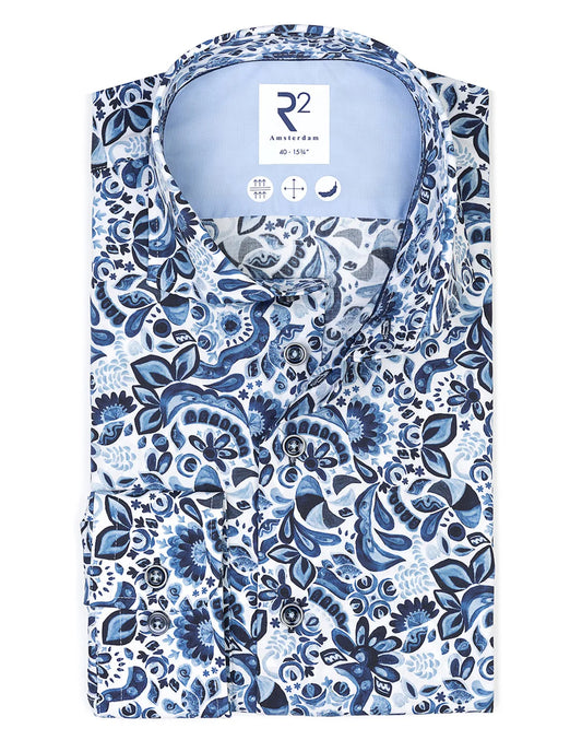 R2 Amsterdam Indigo Floral Cotton Stretch Print Shirt