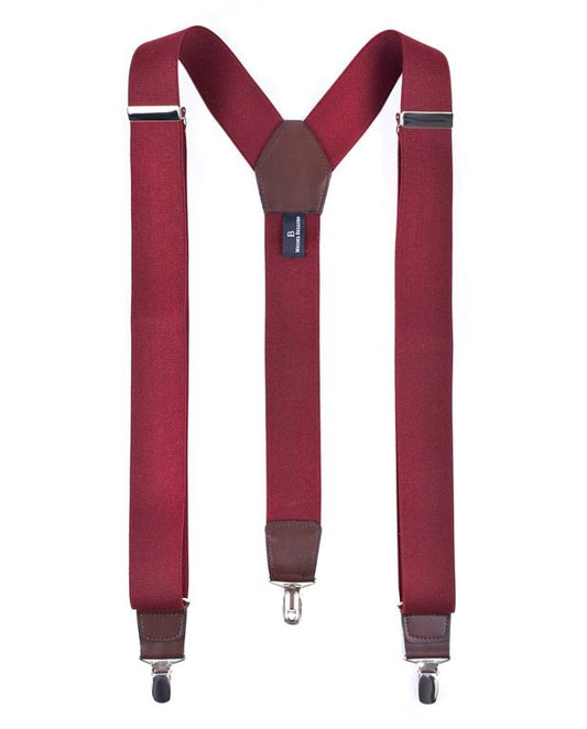 Burgundy suspenders with brown accents on a white background