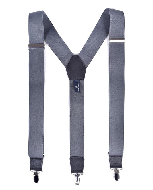 Grey suspenders with black accents on a white background