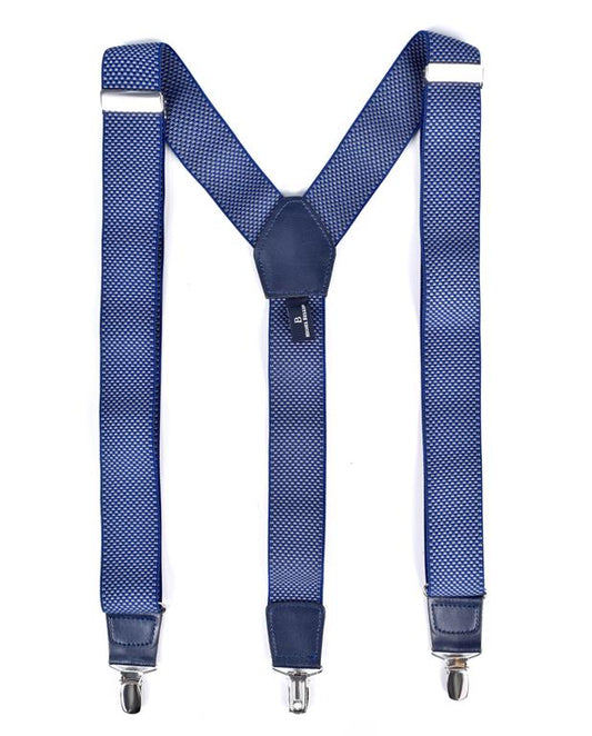 Blue suspenders with silver clips on a white background