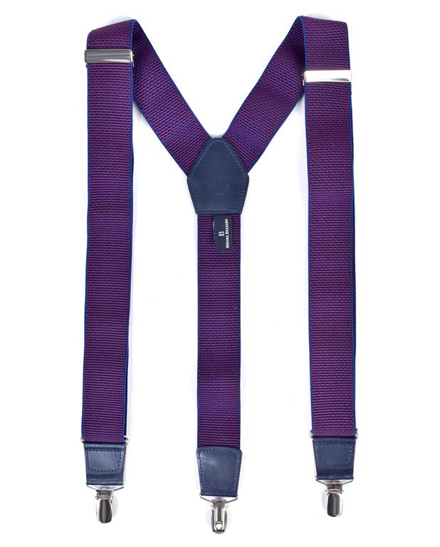 Purple suspenders with silver clips on a white background