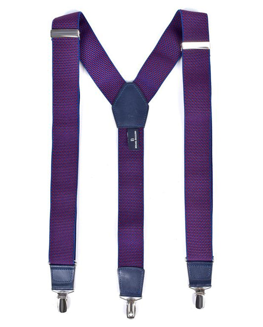 Purple suspenders with silver clips on a white background