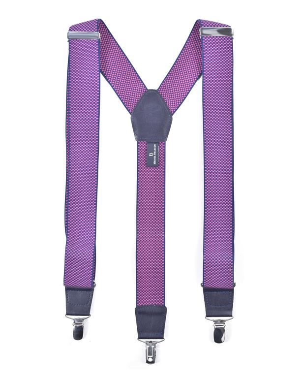 Pink suspenders with silver clips on a white background