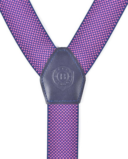 Pink patterned suspenders with a blue detail on a white background
