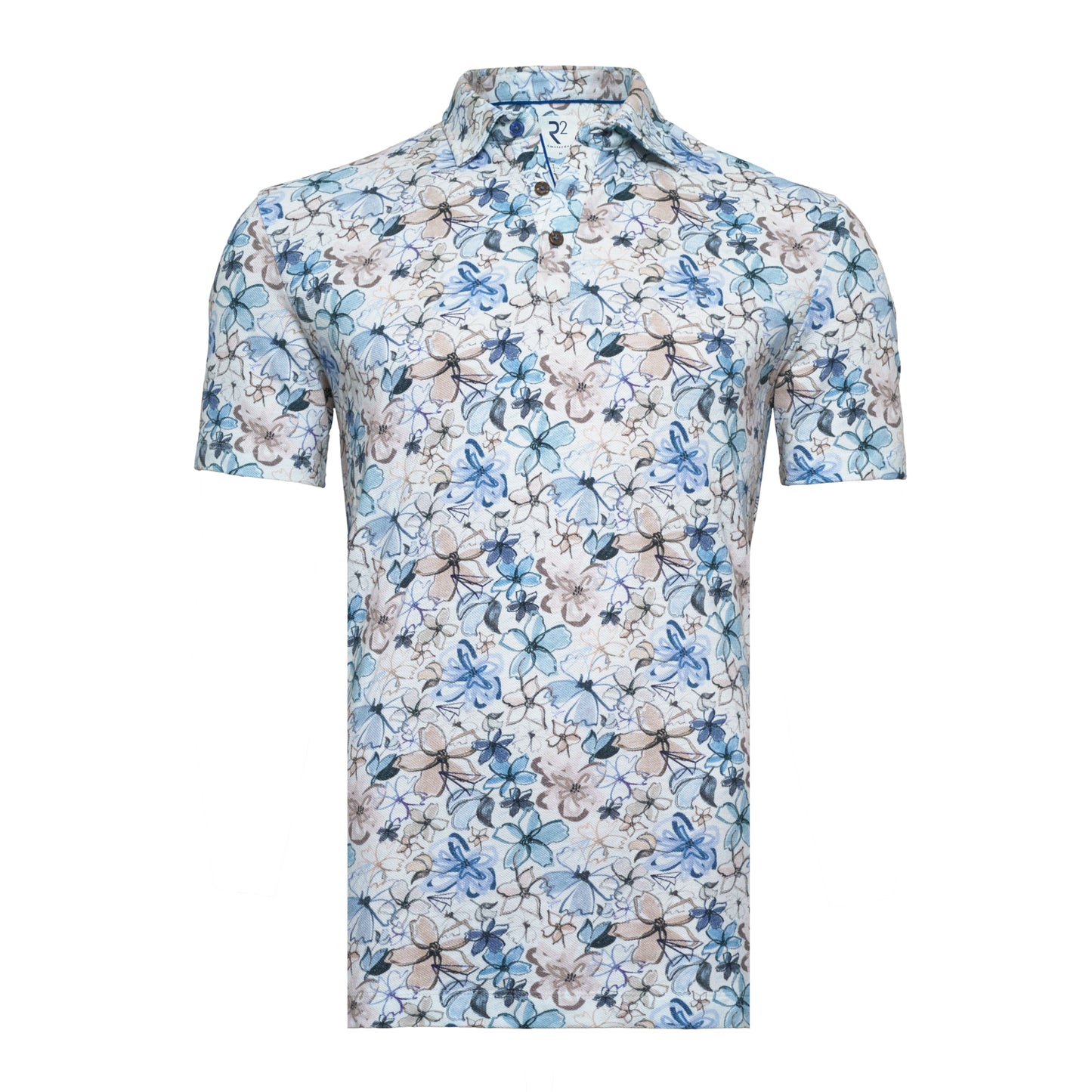 R2 Amsterdam White Floral Print Polo Shirt | Organic Cotton/Linen Pique Cotton Modern Fit