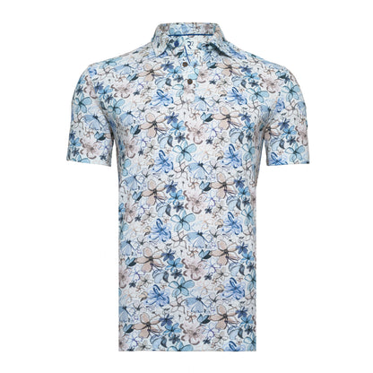 R2 Amsterdam White Floral Print Polo Shirt | Organic Cotton/Linen Pique Cotton Modern Fit
