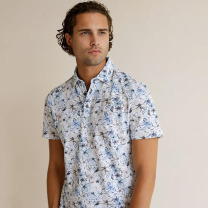 R2 Amsterdam White Floral Print Polo Shirt | Organic Cotton/Linen Pique Cotton Modern Fit