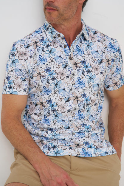 R2 Amsterdam White Floral Print Polo Shirt | Organic Cotton/Linen Pique Cotton Modern Fit