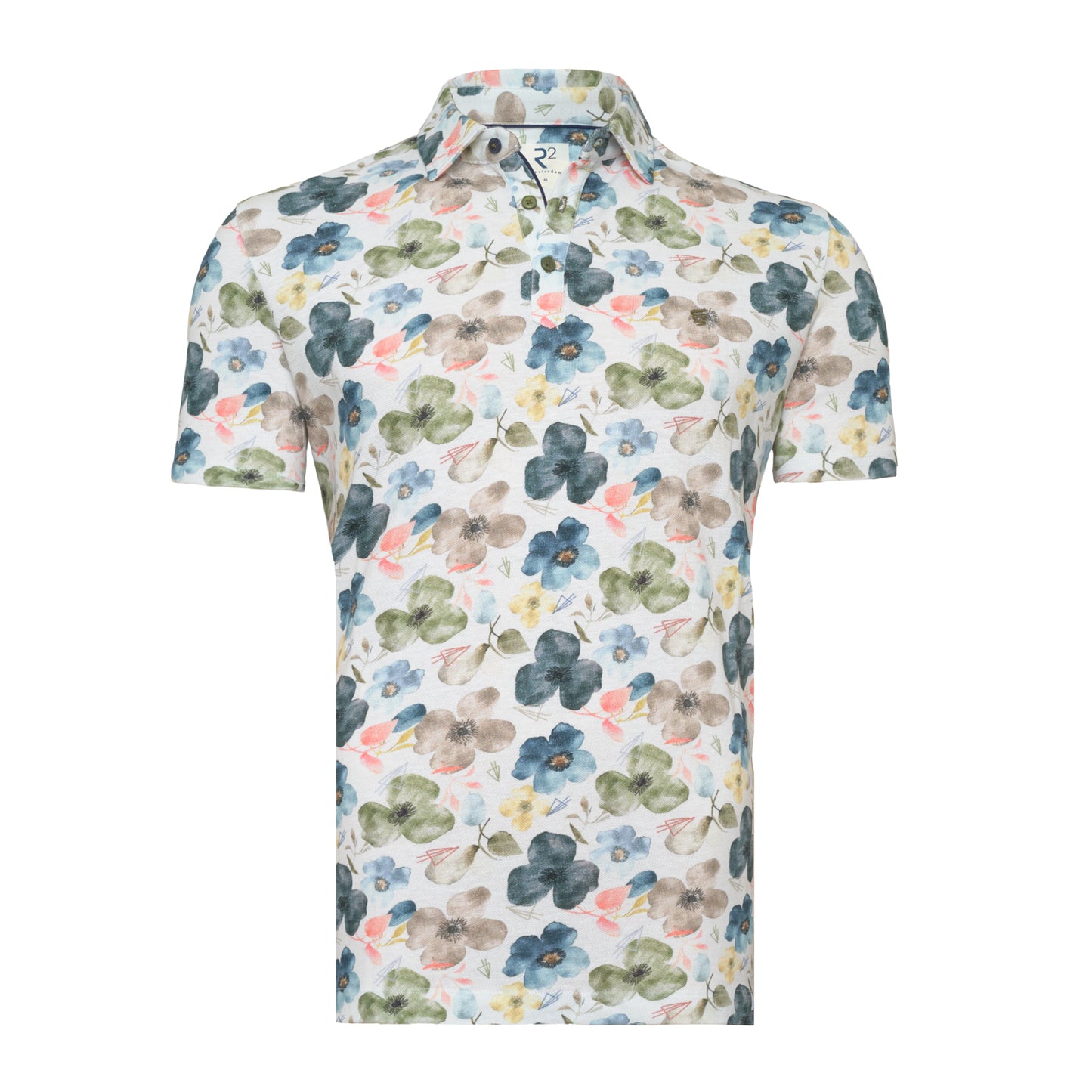 R2 Amsterdam Multi Floral Print Polo Shirt | Organic Cotton/Linen Pique Cotton Modern Fit