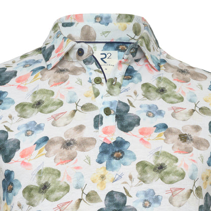 R2 Amsterdam Multi Floral Print Polo Shirt | Organic Cotton/Linen Pique Cotton Modern Fit